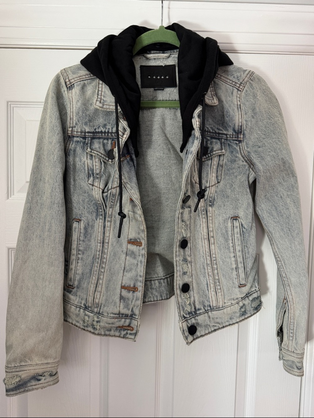Blank NYC Light Wash Denim Jacket with Black Hood